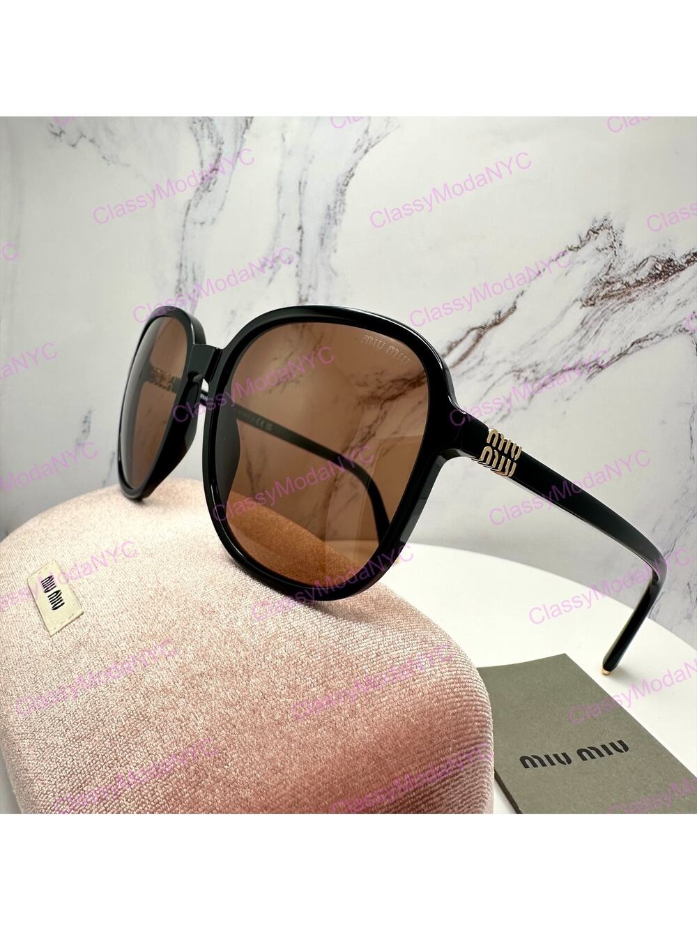 New MIU MIU Sunglasses MU B01S 16K90Q Black Brown Lens Oversized Pillow Square